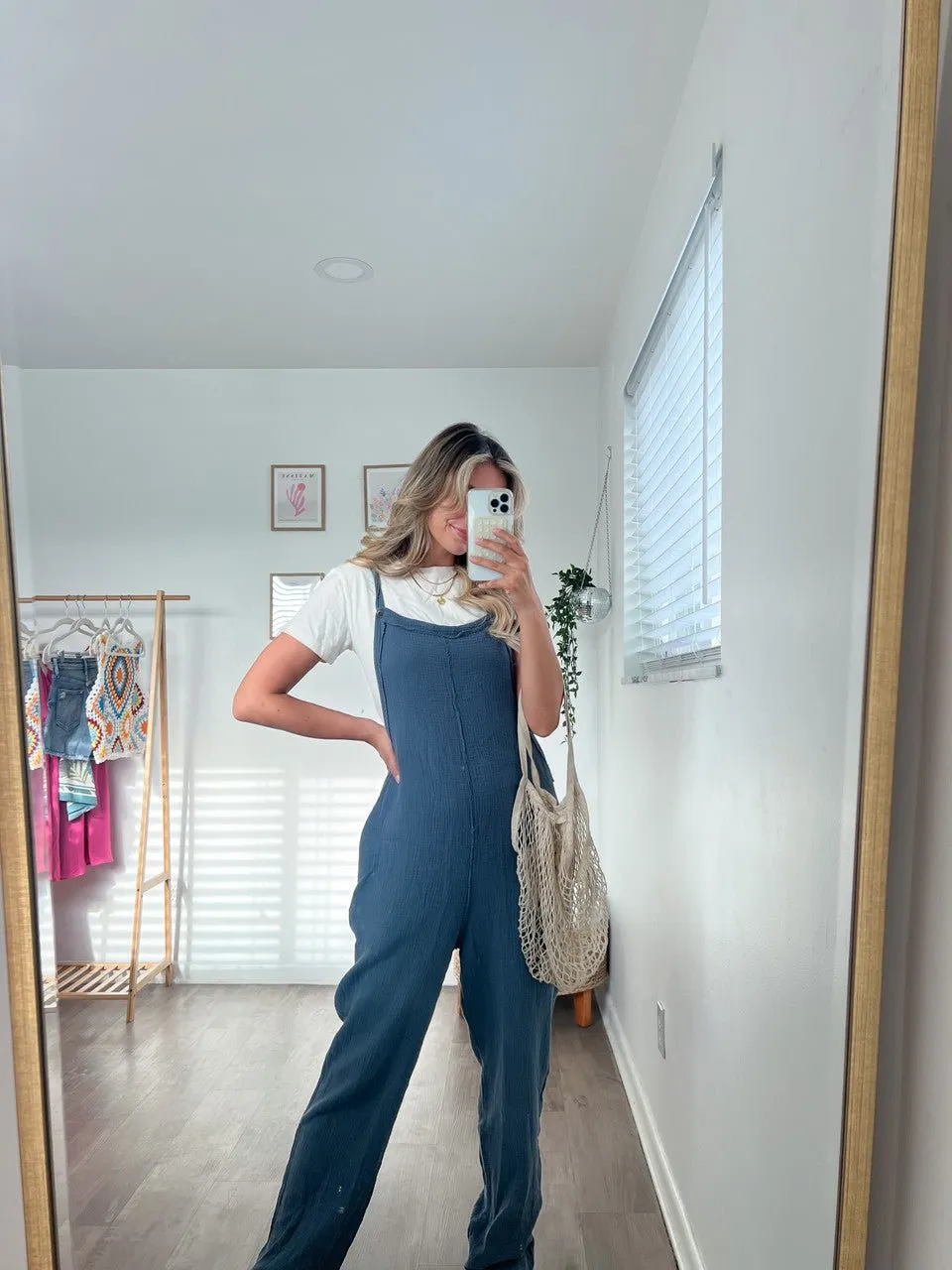 Seam Detail Faded Navy Crinkle Overalls