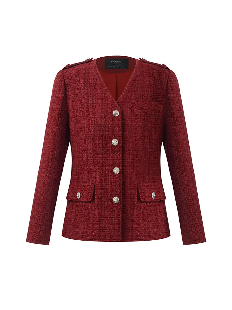 V-Neck Single-Breasted Tweed Women Jacket