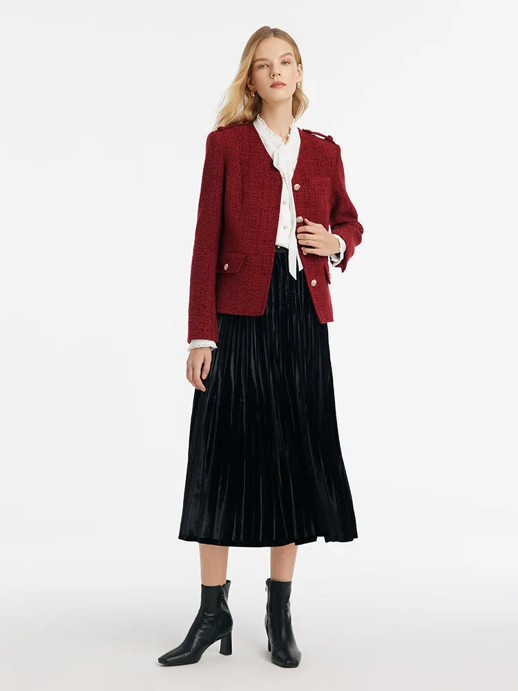 V-Neck Single-Breasted Tweed Women Jacket
