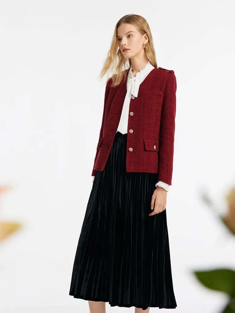 V-Neck Single-Breasted Tweed Women Jacket