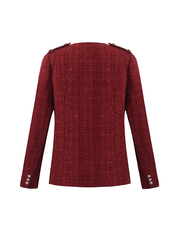 V-Neck Single-Breasted Tweed Women Jacket