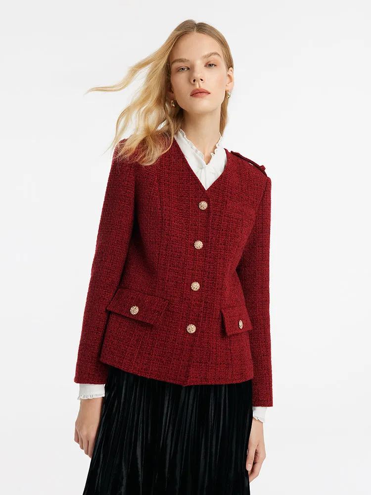 V-Neck Single-Breasted Tweed Women Jacket