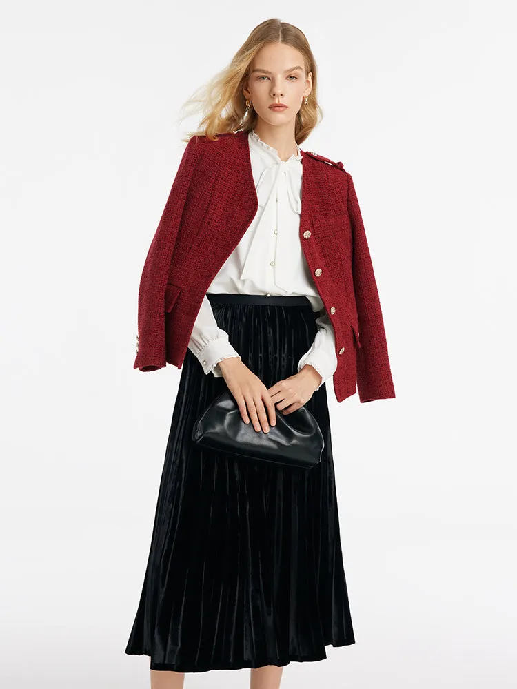 V-Neck Single-Breasted Tweed Women Jacket