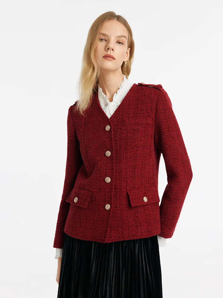 V-Neck Single-Breasted Tweed Women Jacket