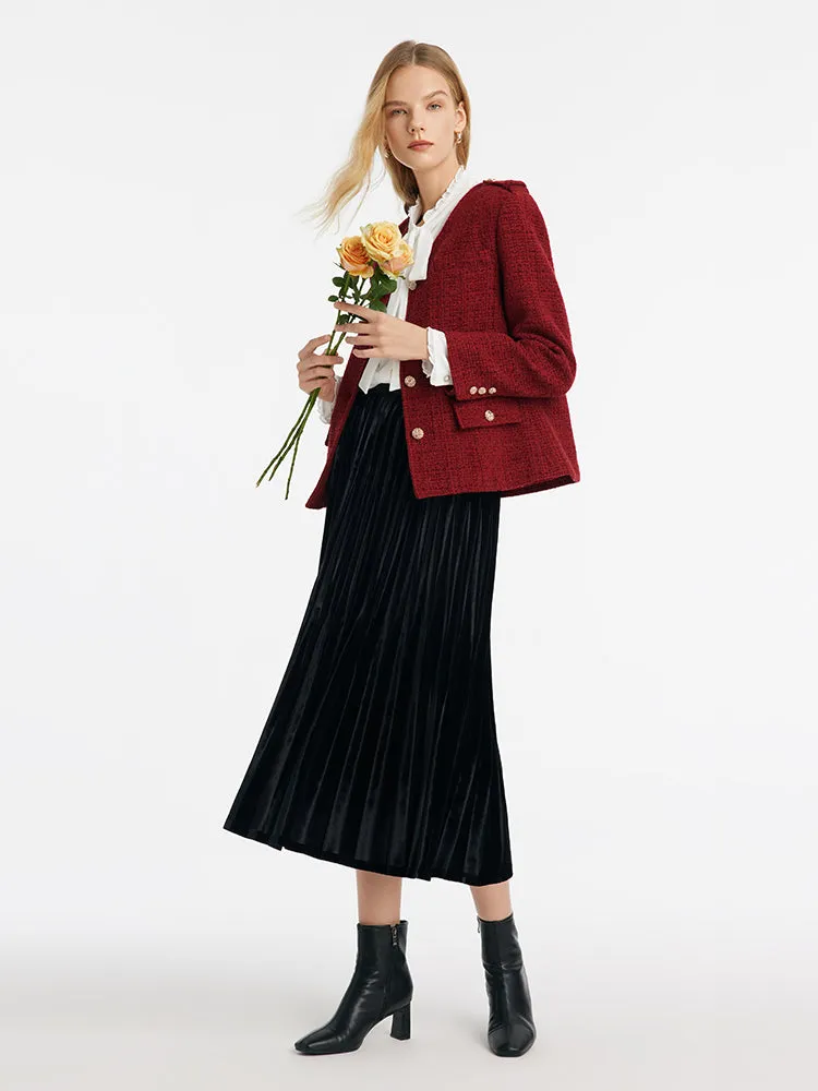 V-Neck Single-Breasted Tweed Women Jacket