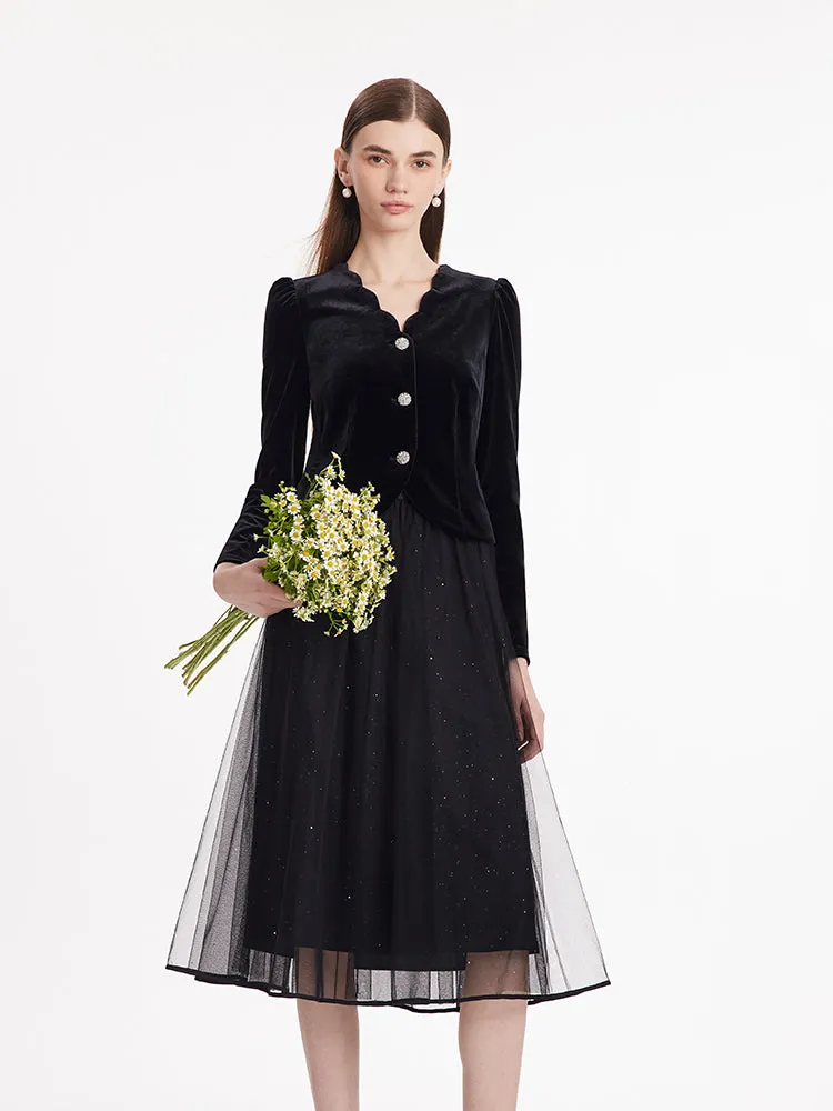 Wave Cut V-Neck Velvet Top And Tulle Skirt Two-Piece Set