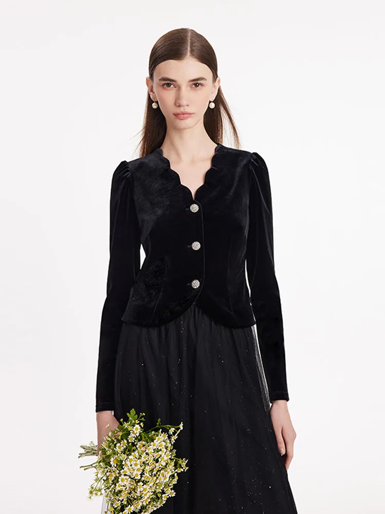 Wave Cut V-Neck Velvet Top And Tulle Skirt Two-Piece Set