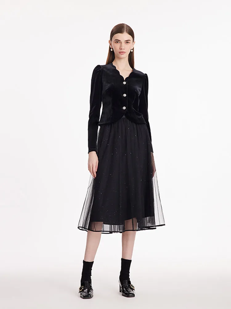 Wave Cut V-Neck Velvet Top And Tulle Skirt Two-Piece Set