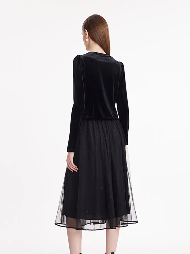 Wave Cut V-Neck Velvet Top And Tulle Skirt Two-Piece Set