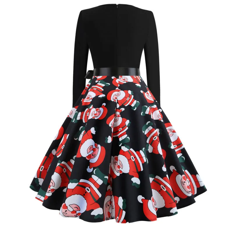 Women's Christmas Print Long Sleeve A-Line Flowy Dress