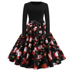 Women's Christmas Print Long Sleeve A-Line Flowy Dress