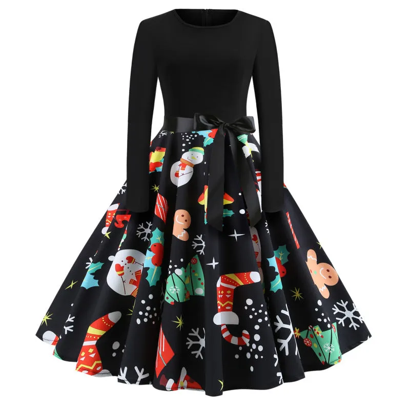 Women's Christmas Print Long Sleeve A-Line Flowy Dress