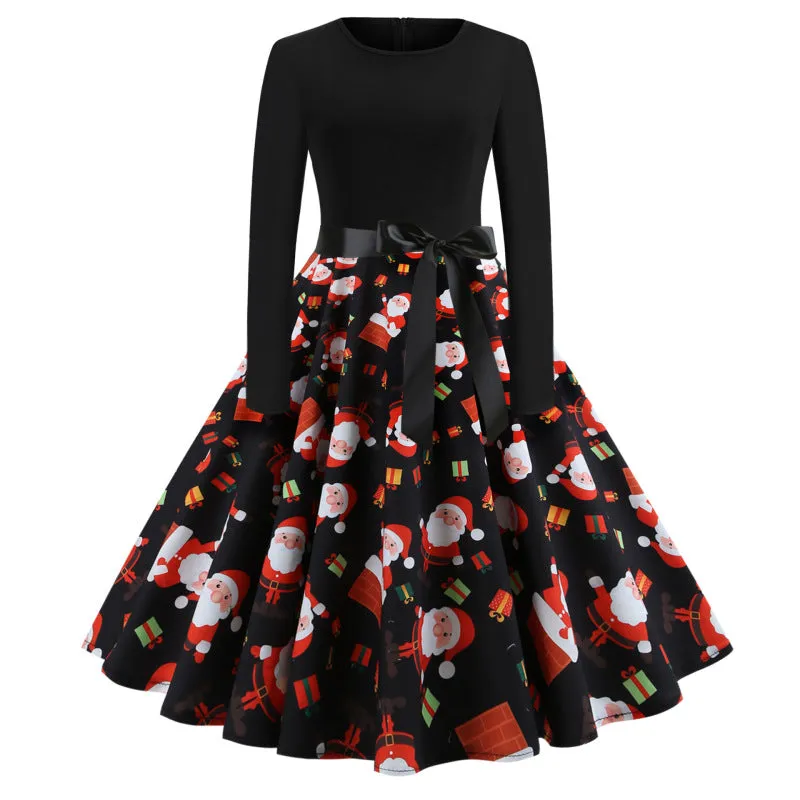 Women's Christmas Print Long Sleeve A-Line Flowy Dress