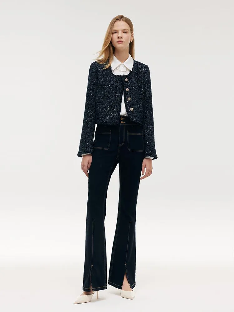 Wool Blend Tweed Square Neck Women Crop Jacket