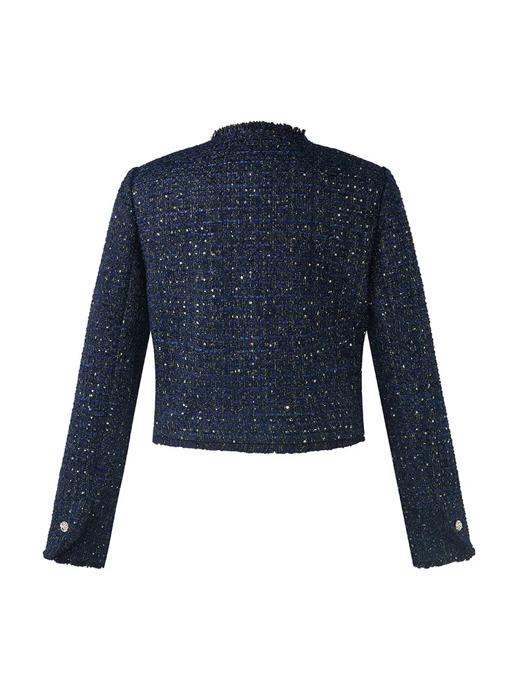 Wool Blend Tweed Square Neck Women Crop Jacket