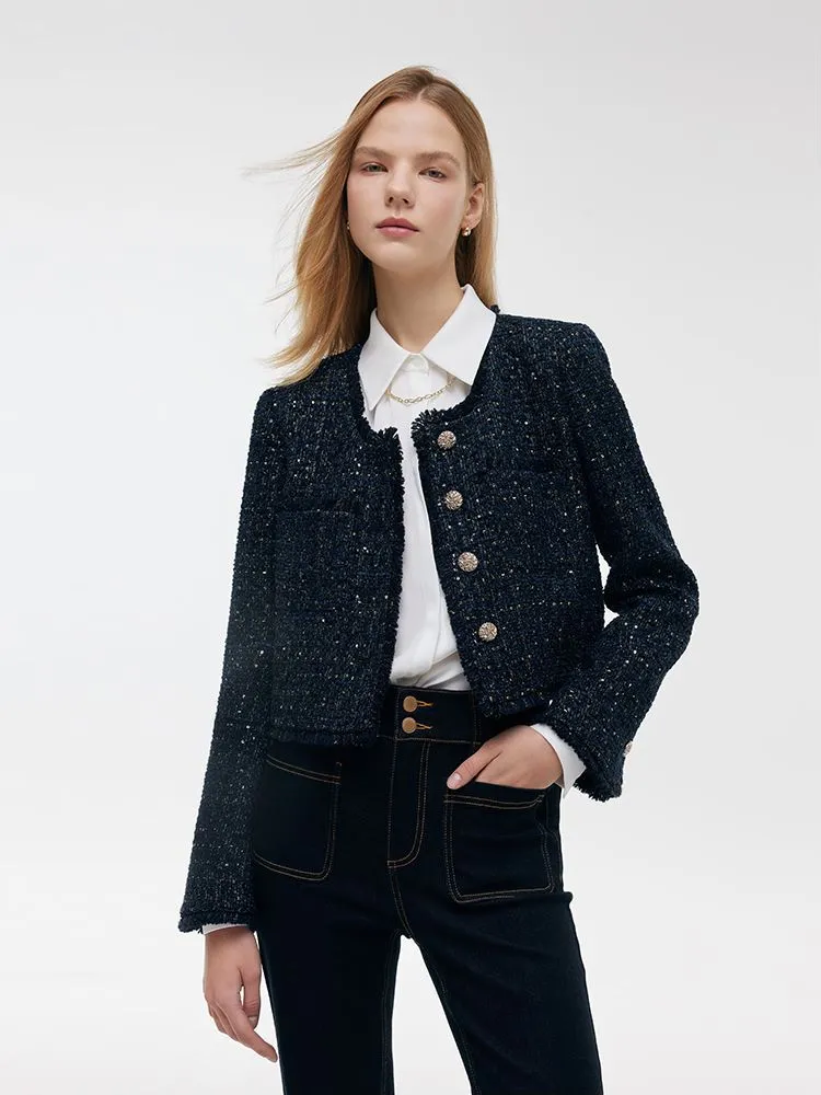 Wool Blend Tweed Square Neck Women Crop Jacket