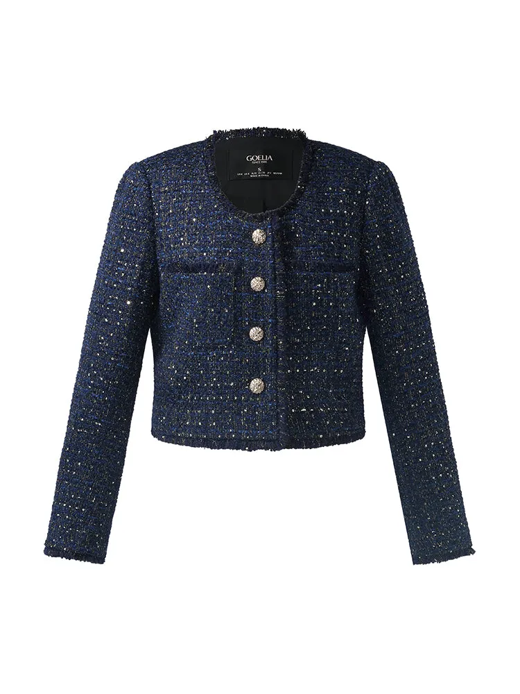 Wool Blend Tweed Square Neck Women Crop Jacket
