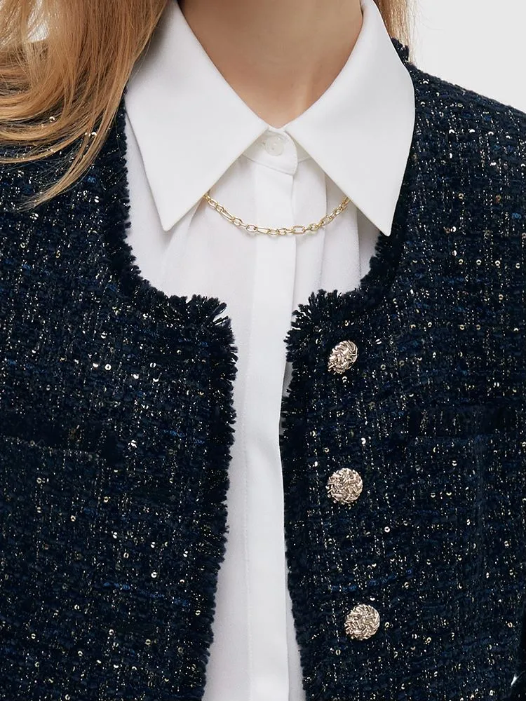 Wool Blend Tweed Square Neck Women Crop Jacket
