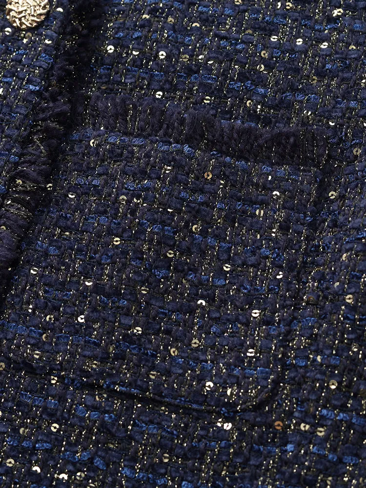 Wool Blend Tweed Square Neck Women Crop Jacket