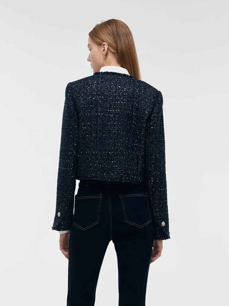Wool Blend Tweed Square Neck Women Crop Jacket