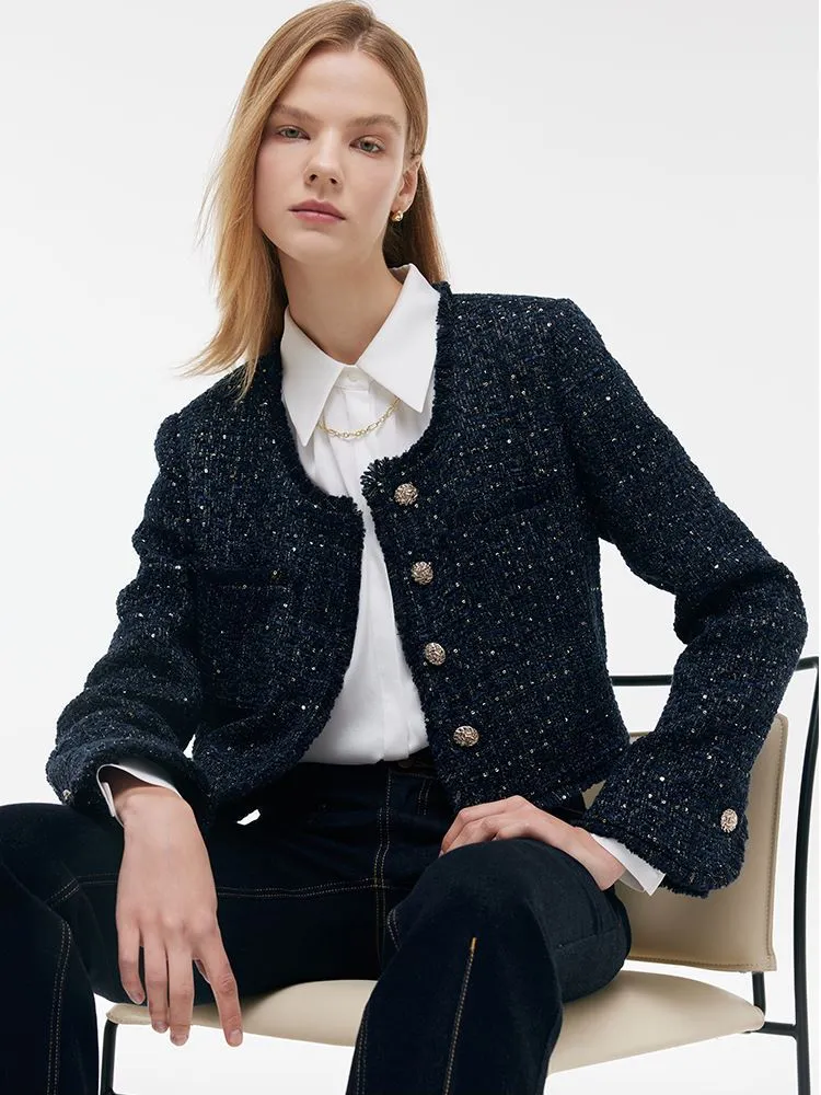 Wool Blend Tweed Square Neck Women Crop Jacket